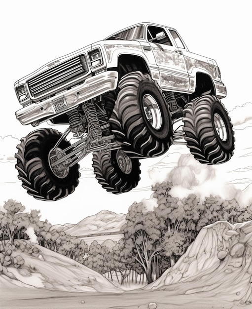 arafed monster truck in the air above a hill with trees generative ai