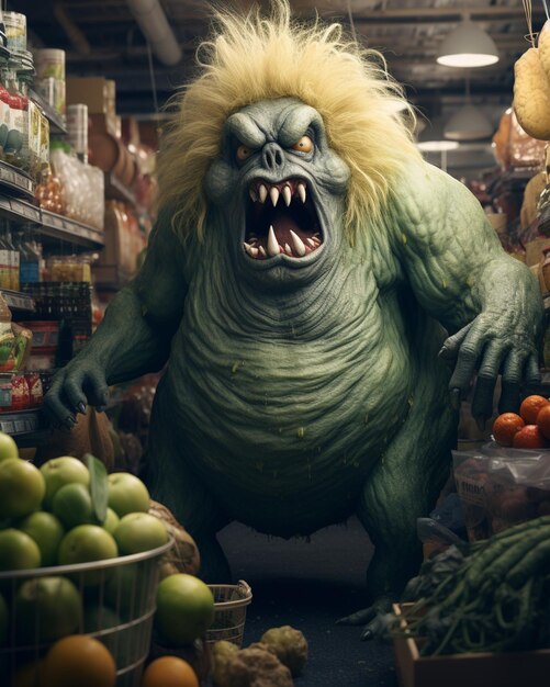 arafed monster with a yellow wig in a grocery store generative ai