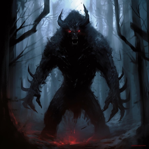 arafed monster in the woods with glowing eyes and horns generative ai