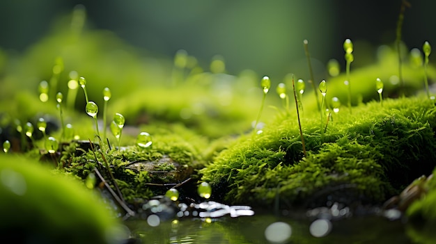 arafed mos bedekt met waterdruppels en kleine groene planten Genatieve AI