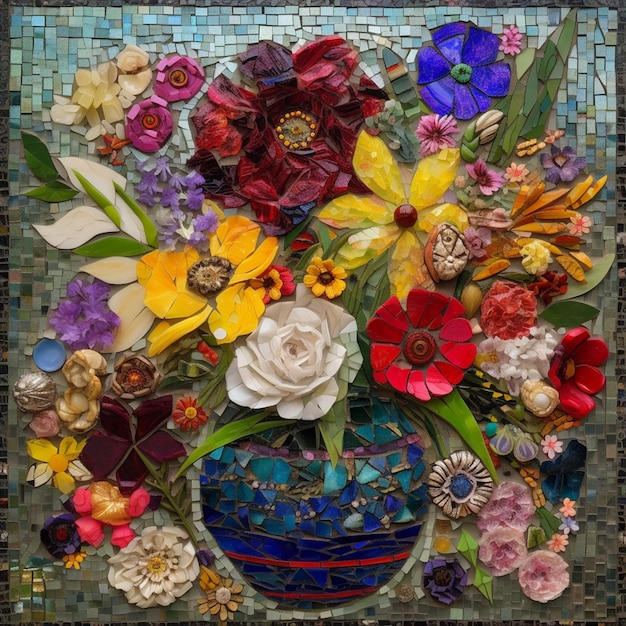 Foto mosaico decorato di fiori in un vaso blu su una tessera di mosaico ai generativa