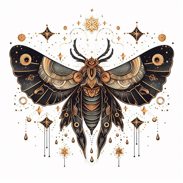 arafed moth with ornate patterns and stars on a white background generative ai