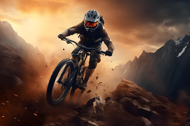 arafed mountain biker riding a trail in the mountains Generative AI