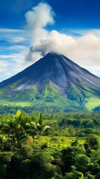 Arafed mountain with a cloud in the sky and trees in the foreground generative ai