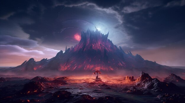 Arafed mountain with lava and lava in the foreground generative ai