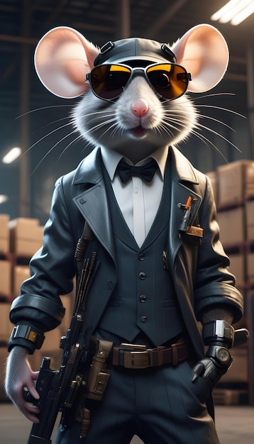 arafed mouse with a gun and sunglasses standing in a warehouse cyberpunk mouse folk engineer