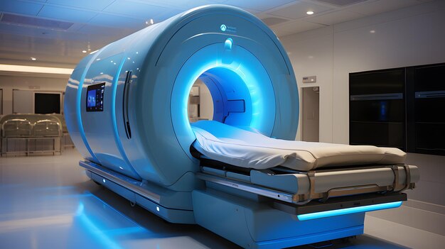 arafed mri bed with a blue light in a hospital room Generative AI