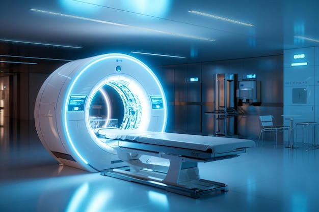 Photo arafed mri machine with a table in a room with a blue light generative ai