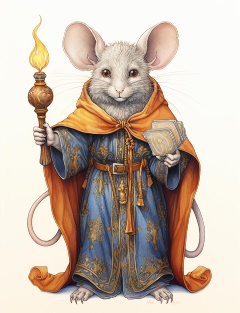 Foto arafed muis gekleed in middeleeuwse kleding met een kaars en een boek generatieve ai