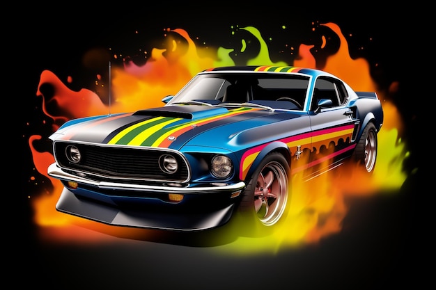 Photo arafed mustang with a rainbow stripe on the hood and hood generative ai