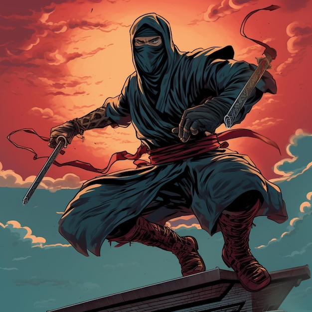 arafed ninja on a roof with a sword and a scythe generative ai