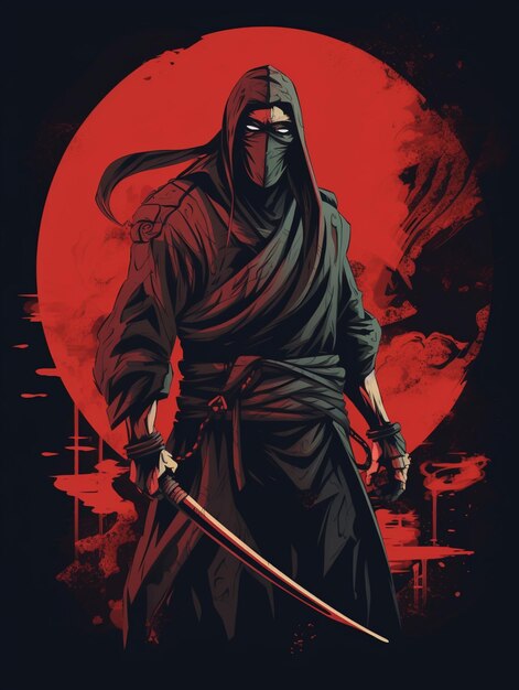 arafed ninja with a sword in front of a red moon generative ai