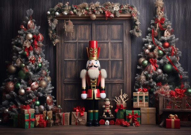 Arafed nutcracker standing in front of a christmas tree with presents generative ai