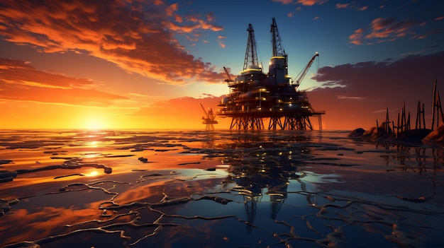 arafed oil rig in the middle of the ocean at sunset Generative AI