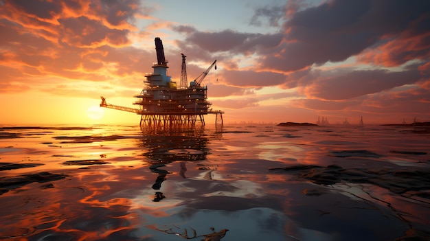 日没時の海の真ん中にあるアラフェド石油掘削装置 生成 AI