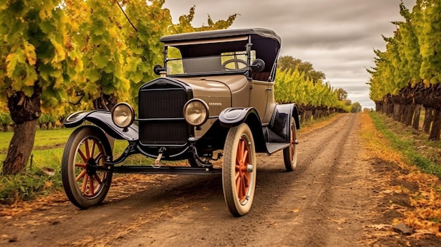 Arafed old car parked on a dirt road in a vineyard generative ai