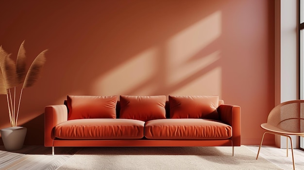 arafed orange couch in a room with a chair and a plant generative ai