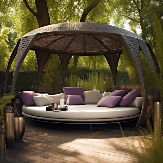 arafed outdoor day bed with purple pillows and a table generative ai