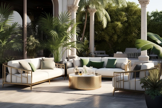 arafed outdoor patio with white couches and green pillows generative ai