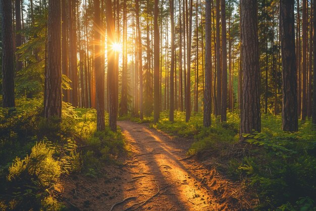 Arafed pad in een bos met de zon schijnen door de bomen generatieve ai