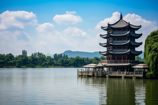 Foto pagoda arafed nel mezzo di un lago