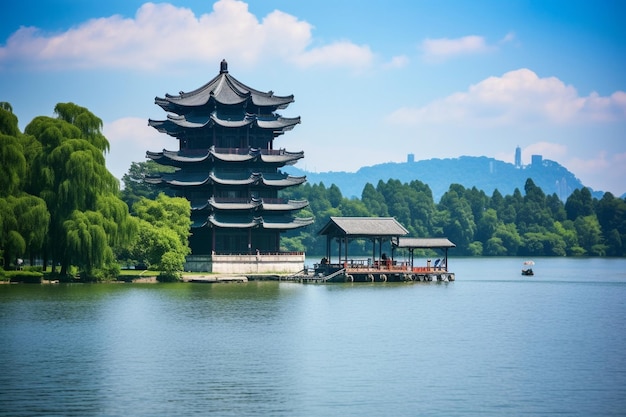 Photo arafed pagoda in the middle of a lak