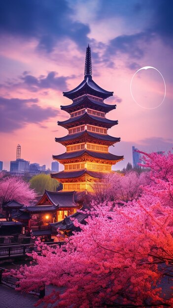 Foto pagoda arafed con una luna piena sullo sfondo e fiori rosa in primo piano