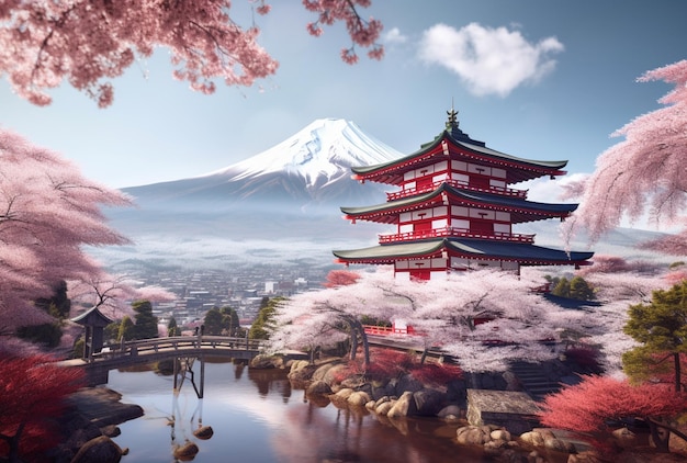 Arafed pagode in een Japanse tuin met een berg op de achtergrond generatieve ai