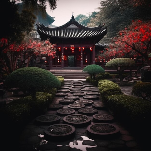 arafed pagode met een stenen pad dat leidt naar een tuin generatieve ai