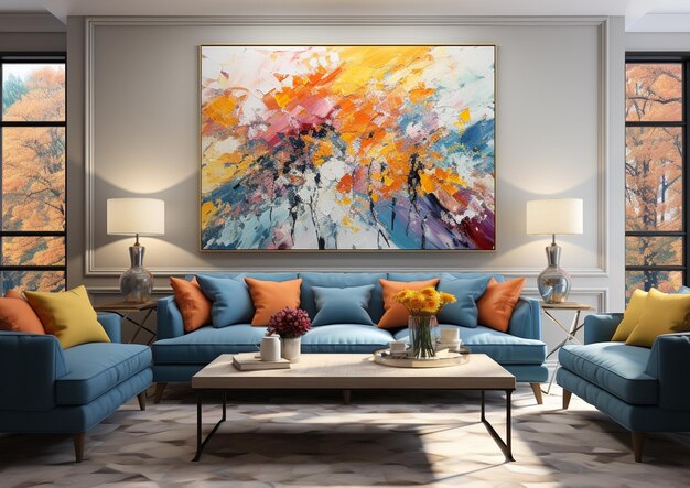 Арафедская картина на стене над диваном и двумя стульями