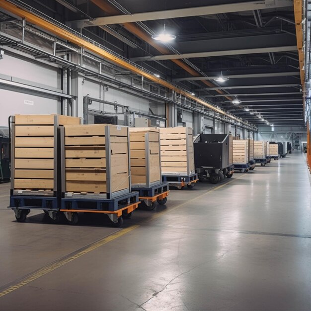 Arafed pallets of wood are lined up in a warehouse generative ai