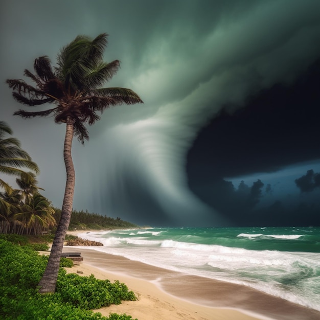 Photo arafed palm tree on the beach with a storm coming in generative ai