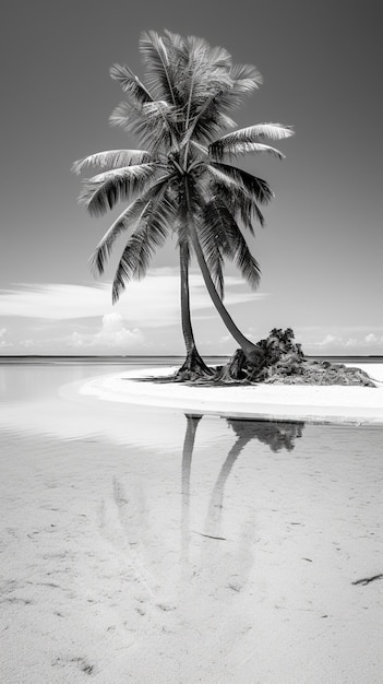 arafed palm tree on a beach with a surfboard in the water generative ai