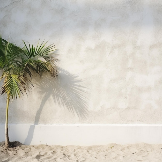 Arafed palm tree leaning against a white wall with a shadow generative ai