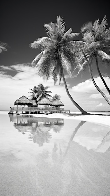 Arafed palmbomen omzomen het strand met een hut aan het water, generatieve ai