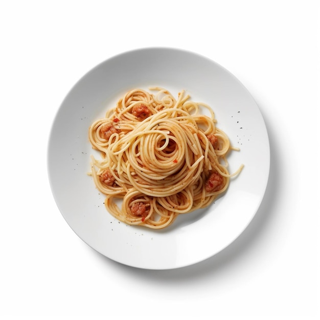 Arafed pasta met tomatensaus op een wit bord op een wit oppervlak generatief ai