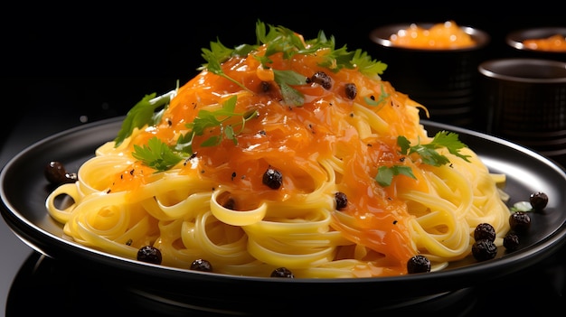 arafed pasta with sauce and black olives on a black plate Generative AI