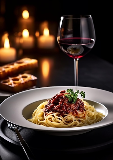 arafed pasta with sauce and a glass of wine on a table generative ai