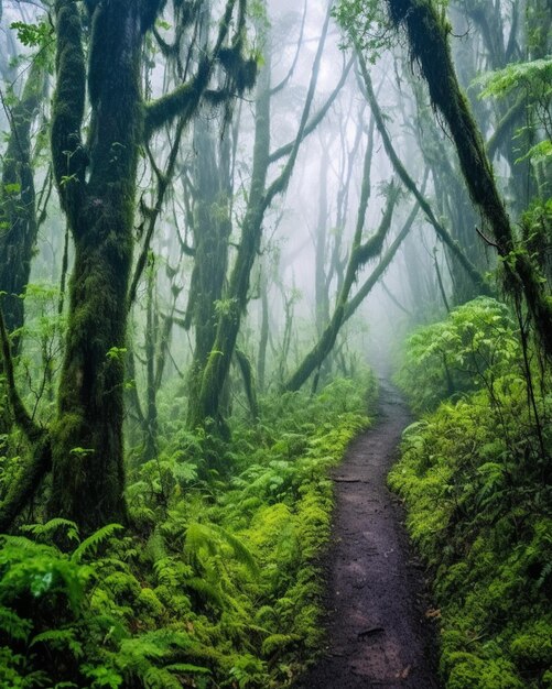 茂った緑の木々のある密集した森の中のアラフェッドの道