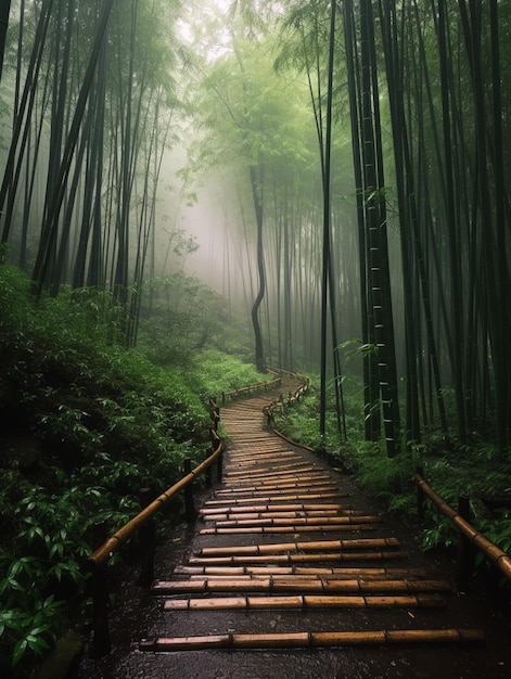 arafed path in a dense green forest with a wooden walkway generative ai