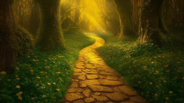 arafed pathway in a forest with yellow flowers and trees generative ai