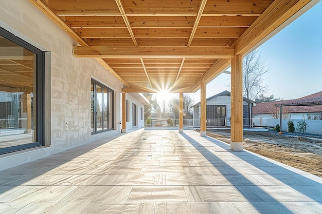 arafed patio met een houten plafond en een groot venster generatieve ai