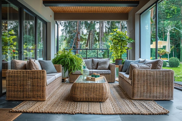 Арафированный внутренний двор с плетеной мебелью и растениями на полу