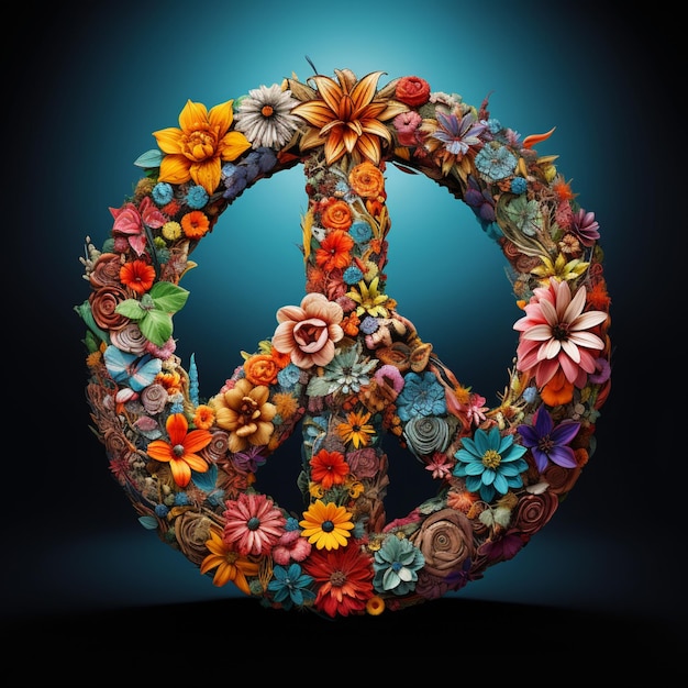 arafed peace sign made of flowers and leaves on a blue background generative ai