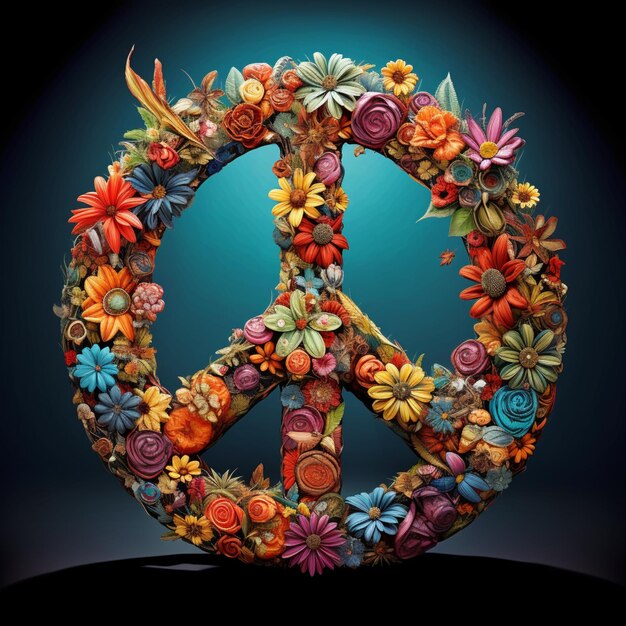 arafed peace sign made of flowers and leaves on a blue background generative ai