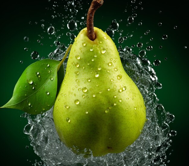 Arafed pear with water splash and green leaf on a black background generative ai