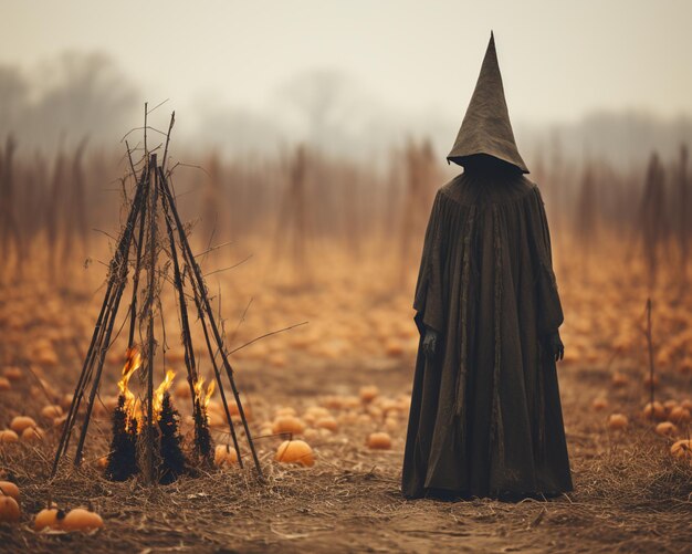 Photo arafed person in a hooded cloak and hat standing in a field of pumpkins generative ai