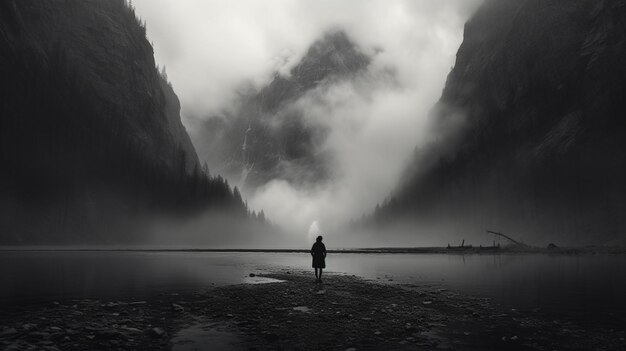 arafed person standing on a beach in front of a mountain generative ai