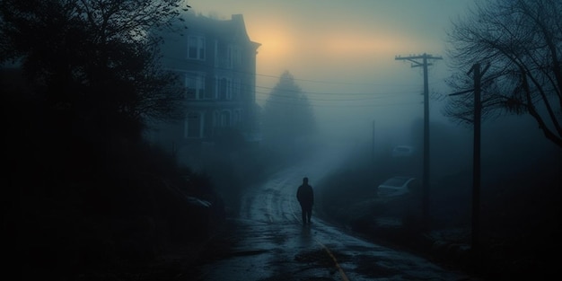 Arafed person walking down a street in the fog generative ai