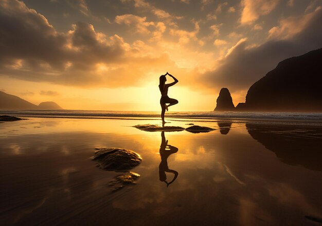 Foto arafed persoon die yoga doet op het strand bij zonsondergang generatieve ai